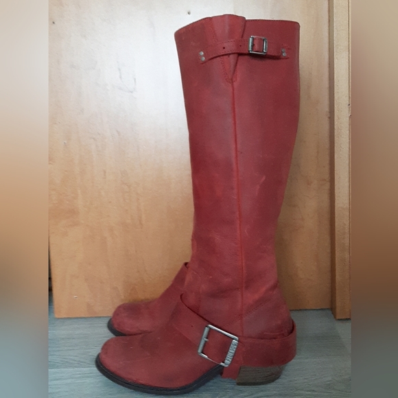 John Fluevog Shoes - JOHN FLUEVOG  Adriana Luna Red Leather Knee-High Boots Belted Harness Zipper 10